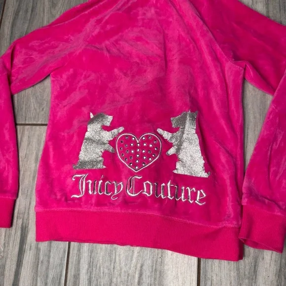 Girls Juicy Couture Pink Velour Zip Up Jacket With Hood Dog Print on Back 8-10 - Picture 6 of 6